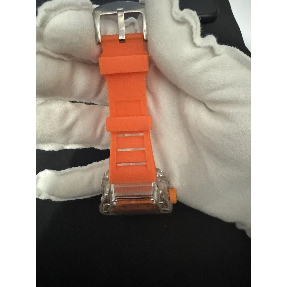 Skeleton Dial Quartz Chronograph Watch Clear Case Orange Rubber Strap